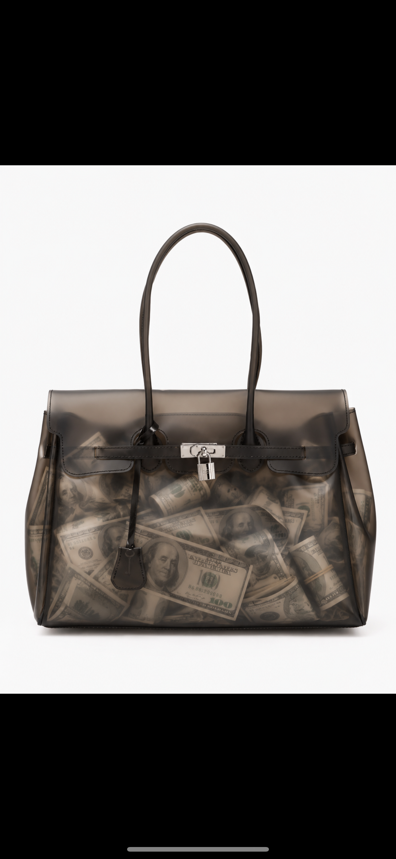 Front design reference of the smoky brown Money Bag with banknote imagery
